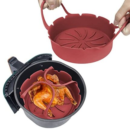 Silicone Air Fryer Liner, 2Pcs 7" Round Air Fryer Pot Reusable Air Fryer Basket Heat Resistant Non-Stick Waterproof Air Fryer Mat with Long Handl