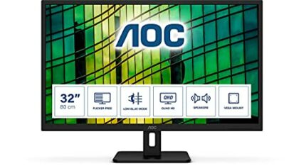 AOC Q32E2N - 32 Inch QHD Monitor, 75Hz, 4ms, IPS, Speakers, FlickerFree, LowBlue Light (2560x1440 @ 75Hz, 250cd/m², HDMI/DP), Black
