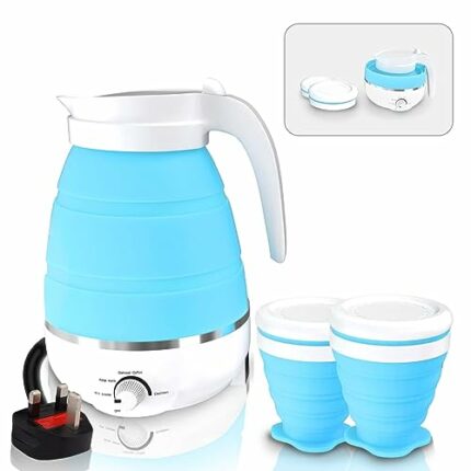 Tam88 Portable Travel Collapsible Kettle Lightweight for Campervan, 0.6L Folding Electric Camping Bedroom, Blue with Cups