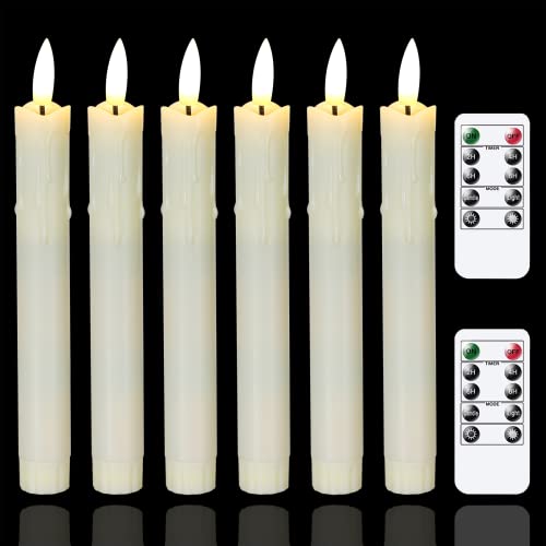 Mavandes Flameless Flickering Taper Candles Two Remote, 19cm Ivory Battery Operated LED Window Candles Timer,Set of 6 Plastic 3D-Wick Dripping-Wa