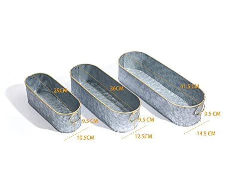 Dipamkar Set of 3 Vintage Long Oval Galvanized Metal Garden Trough Planters Window Sill Box Herb Pots Outdoor Plant Pots