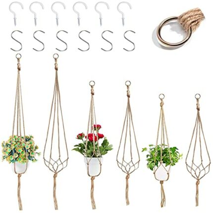 WAIZHIUA 6Pcs Macrame Plant Hangers, Jute Rope Hanging Planter Basket Flower Pot Hanging Plant Holder with 3 Hanging Hooks for Indoor Outdoor Cei