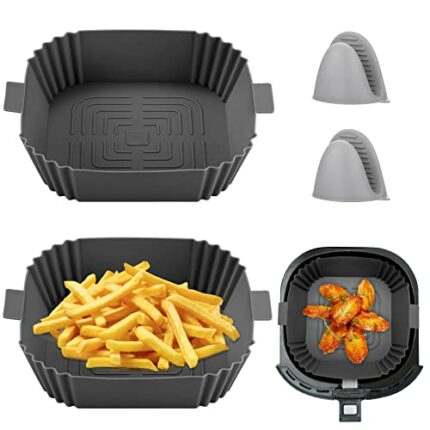 2PCS Air Fryer Silicone Pot, 7.8inch Reusable Silicone Air Fryer Liners with Oven Mitts, Square Air Fryer Silicone Liner, Air Fryer Accessory for