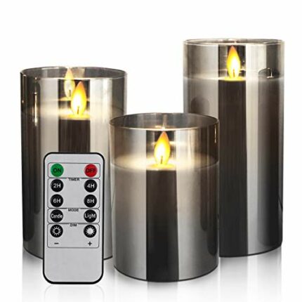 LED Candles, Flameless Candle, with Embedded Starlight String Wiht 10-Key Remote and Cycling 24 Hours Timer Set of 3, Dancing Flame, Real Wax, Ba