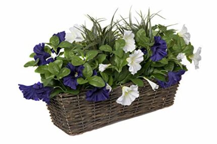 Artificial Rattan Window Box with Dark Purple & White Petunias & Green Grasses & Foliage