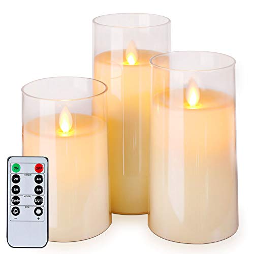 Homemory Flickering Flameless Candles, Battery Operated Acrylic LED Pillar Candles with Remote Control and Timer, Ivory White, Set of 3