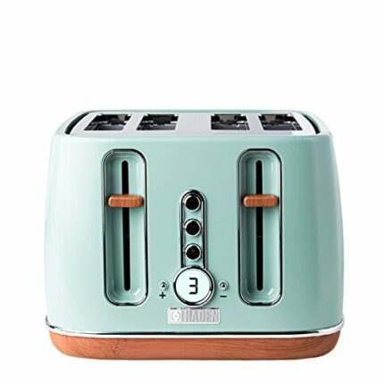Haden Dorchester Green Toaster 4 Slice – Modern LCD Display - 6 Browning Levels - With Wood Effect Finish - Cancel/Defrost/Reheat - 1900-2300W Di