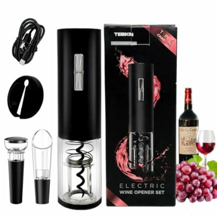 TEBIKIN USB Rechargable Wine Bottle Opener Set, Automatic Corkscrew Wine Opener with Foil Cutter, Vacuum Stopper, Wine Pourer for Home, Party, Gi