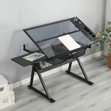Drawer Drafting Table Modern Design Black Adjustable Tempered Glass Drafting Printing Table Anti-slip Anti-scratch For Study Office