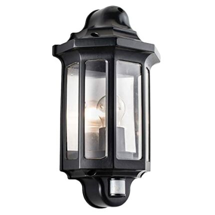 National Lighting Black Outdoor Security Lights - PIR External Wall Light - Motion Sensor Presence Detector Half Lantern Garden Porch Wall Lamp -