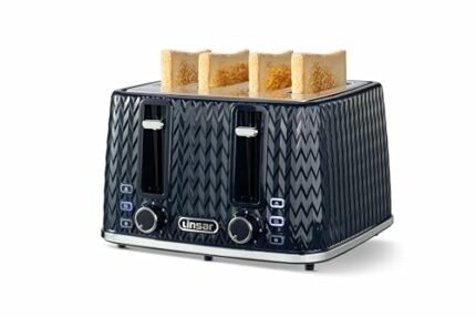 Linsar 4 Slice Toaster, Unique Curved Texture Defrost, Reheat, Cancel Functions, 7 Browning Levels, Wide Slots, Removable Crumb Tray, Bread Jam P