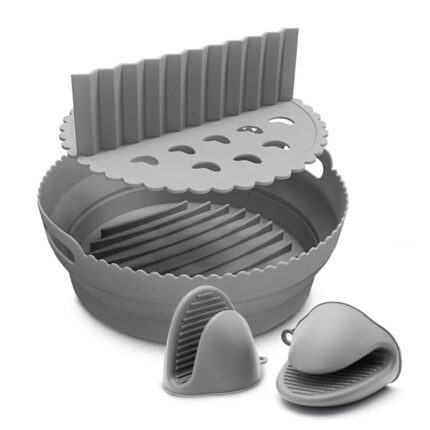 Silicon Air fryer liner, gray round baking tray with spacer and gloves, reusable air fryer liners, Air fryers accessories.