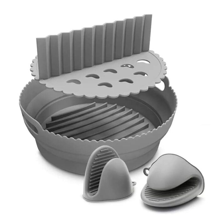 Silicon Air fryer liner, gray round baking tray with spacer and gloves, reusable air fryer liners, Air fryers accessories.
