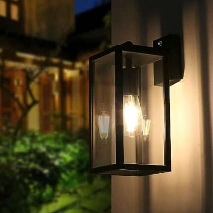 BRIMMEL Outdoor Wall Light Dusk to Dawn Porch Light, Aluminum Black Outdoor Wall Lantern with Ambient Light Sensor. Anti-Rust Wall Sconce Light F