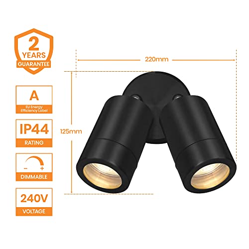Palin IP44 Rated Outdoor Twin Spotlights, Matt Black Steel Adjustable Tilt Outside Lights, Mains Powered Security Spot Lights, 2X 7W 240V LED GU1