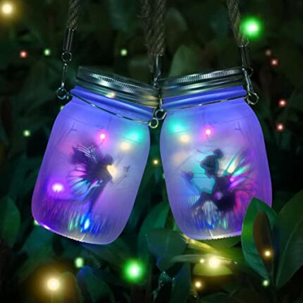 MLOQI Fairy Garden Ornaments Outdoor 2 Pack Solar Fairy Lights Glass Mason Jar LED Hanging Lamp for Fairy Garden Accessories Halloween Decoration
