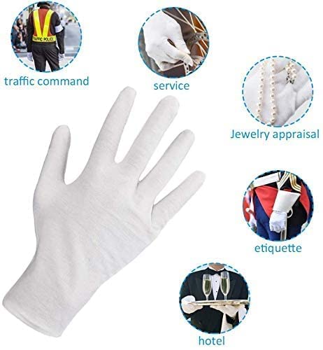 JKG® 2 pairs x Dermatological White 100% Cotton Gloves, Thickened Stretchable Lining Medium Large 1 size fits all Gloves, Guard, Parade, Jeweller