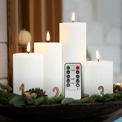 Eywamage 4 Pack White Flameless Pillar Candles with Remote, Flickering Tall LED Battery Wax Candles Φ 3" H 4" 5" 6" 8"