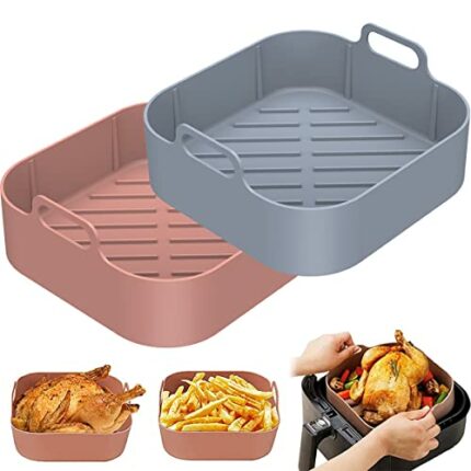 Silicone Air Fryer Liner Square, 2Pcs Air Fryer Silicone Pot with Handle Reusable Air Fryer Liners Baking Basket Tray Heat Resistant Airfryer Acc