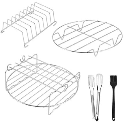 Air Fryer Accessories 9-Piece Set, 2 Pcs Round Air Fryer Rack with 4 Skewers, Stainless Steel Toast Rack with Brush and Clip for Airfryer, Roasti