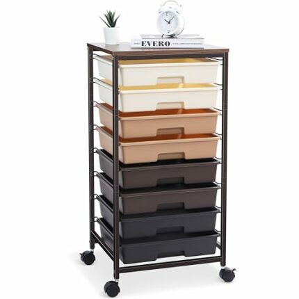 KINGRACK Storage Drawer Cart,Rolling Storage Cart with 8 Drawers,Storage Trolley Cart with Plastic Drawers,Utility Cart with Drawer,Wooden Tablet