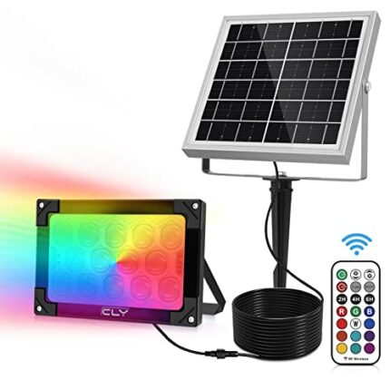 CLV Solar RGB Floodlight Color Changing FloodLight with Remote Control 12Color 6Brightness Solar LandscapeLight Memory Timer Function IP66 Waterp