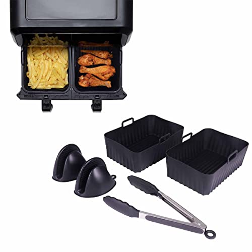 ANX Silicone Air Fryer Liners (2-Pack) for Ninja AF300UK & AF400UK | 2PCS Silicone Mitts & Kitchen Tongs for Reusable Dual Air Fryer Liner | Air