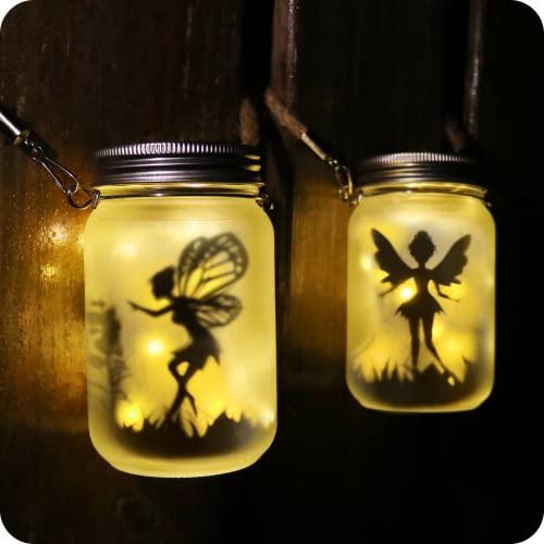 Mostof 2 Pack Fairy Solar Lantern Outdoor, Garden Ornaments IP44 Waterproof Hanging Frosted Glass Solar Mason Jar Lights for Table, Yard, Garden,