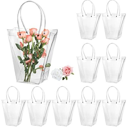 SOUJOY 10 Pack Clear Flower Bouquet Bags, Large Gift Bags with Long Handles, Party Floral Packing Wrap Bag for Valentine Day, Birthdays, Wedding