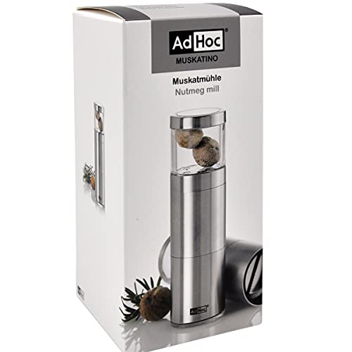 AdHoc PM87 MUSKATINO Nutmeg Grinder | Stainless Steel/Acrylic | Aroma Cap, Compact | (H) 125mm x (D) 38mm | Clear/Silver