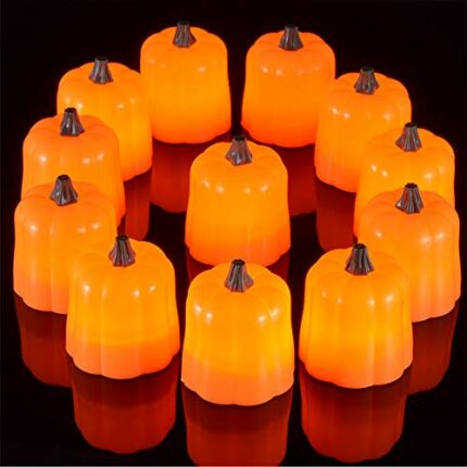 Ymenow Halloween Pumpkin Candle Decorations, 12pcs LED Battery Flameless Pumpkin Tea Lights Candles Flickering for Halloween Christmas Home Room
