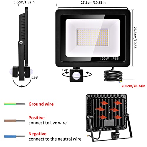 CSYY LED Floodlight 100W with PIR Sensor, 8000LM Super Bright Security Lights Outdoor, IP66 Waterproof Floodlight 6000K Daylight White LED Spotli