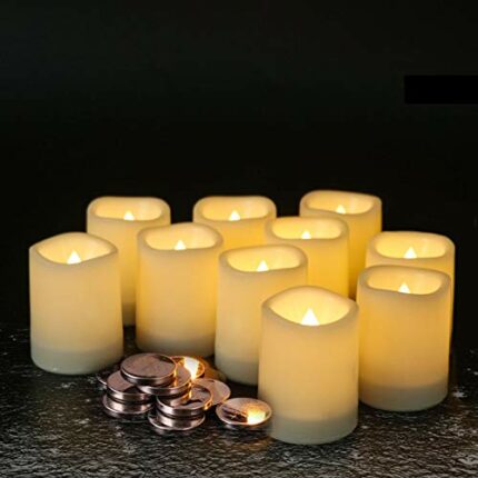Eldnacele 12 Pack Flameless Waterproof Outdoor Battery Operated Votive Candles with Timer Realistic Bright Flickering Plastic Electric Candle Lig