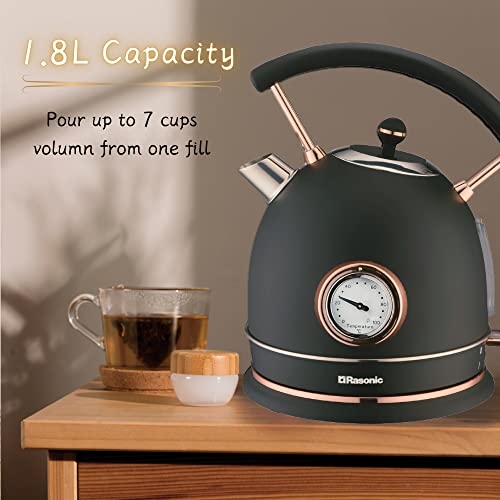 Rasonic Classic Retro Electric Kettle 1.8L Stainless Steel, 3KW Fast Quiet Boiling, Temperature Gauge, LED Light, Auto Shut-Off, Home Kitchen, Of