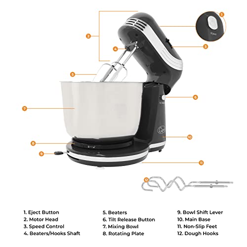 Quest 34450 Compact Stand Mixer / 6 Speed Settings / Stainless Steel Bowl / Dough Hook & Beater / 3 Litre Capacity / 250W / Metallic Black Colour