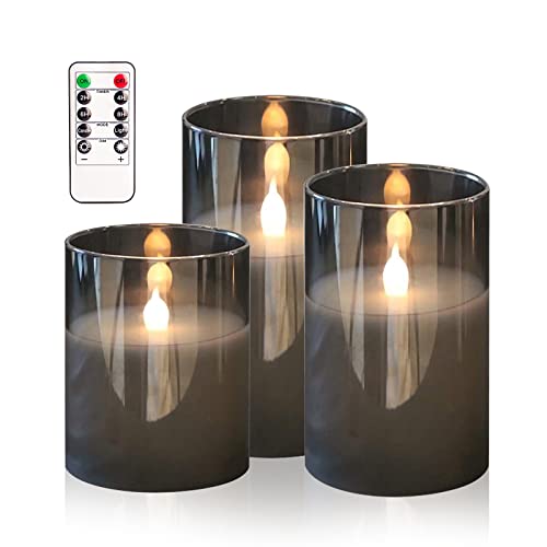 HIYAA LED Flameless Candles, Gray Glass Battery Operated Candles Flickering with Remote, 3D Wick Realistic Warm Light LED Candles Flickering with