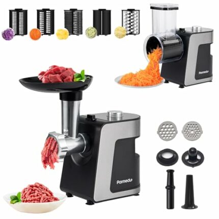 Parmedu Electric Cheese Grater & Meat Grinder: Electric Vegetable Cutter Electric Slicer Shredder Salad Maker - Professional Meat Mincer with 2 P