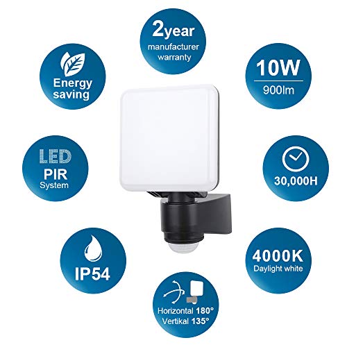 Outdoor LED Wall Light with Motion Sensor, 10W IP54 PIR Infrared Motion Sensor Outside Security LED Flood Light, 900LM 4000K Daylight White, Idea