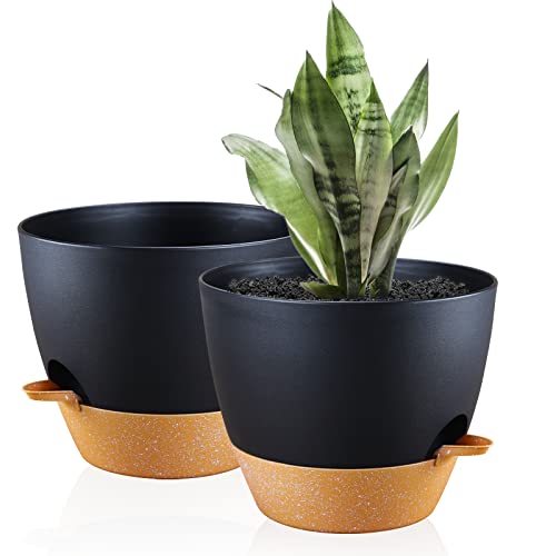 Warmplus 25cm Self-Watering Plant Pots Indoor, 2 Pack Large Plastic Plant Pots with Deep Reservior and High Drainage Holes for Indoor Outdoor Pla