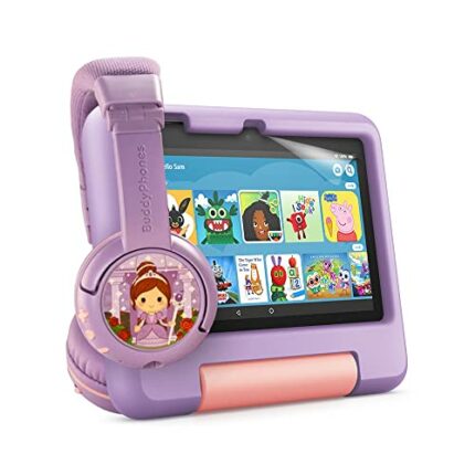 Fire 7 Kids tablet (16 GB, Purple) + BuddyPhones PlayTime Bluetooth Child Headphones (Great Purple) + NuPro Screen Protector (2-pack)