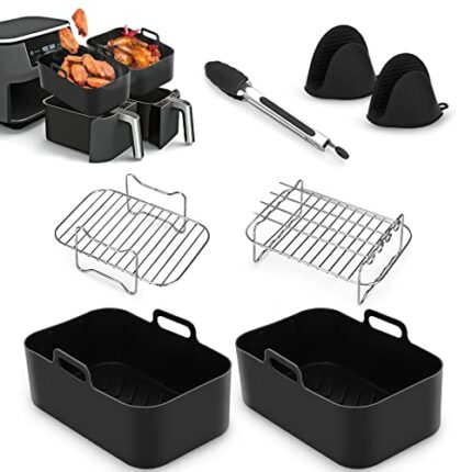 Elie&Eason Silicone Air Fryer Liners, 7 PCS Accessories for Ninja Dual AF400UK & Tower T17088 AF300UK, 8.46inch Reusable Baskets Rack Gloves Tong