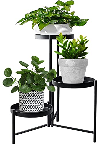 MUAEEOK Metal Plant Stand Indoor Outdoor 42cm High 3 Tier Flower Pot Holder Shelf Heavy Duty Potted Flower Pot Organizer Wrought Iron Planter Dis