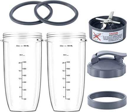 7 Pieces nutribullet Blender Cups & Blade Replacement Set 32oz Huge Cup with 1 Flip-Top to-Go Lid and 1 Lid Ring & Premium Extractor Blade with C