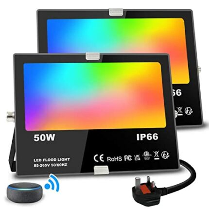 Flood Lights Outdoor With Alexa, Smart LED Floodlight Colour Changing 500W Equivalent 5000LM, Bluetooth APP Control, Warm White+1600 Million RGB
