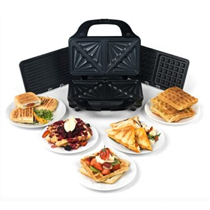 Salter EK2143 3-in-1 Snack Maker - Deep Fill Waffle Iron, Sandwich Panini Press & Toastie Maker, Interchangeable Non-Stick Plates, 900W, Indicato