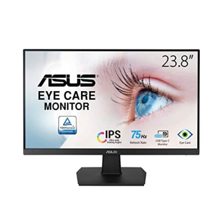ASUS VA24ECE Eye Care Monitor â€“ 23.8 inch, Full HD, IPS, Frameless, USB-C, 75Hz, Adaptive-Sync, Low Blue Light, Flicker Free, Wall Mountable
