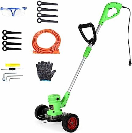 Plug in Trimmer, 680W High Power 50m Power Cord Small Weeder with Wheels 2 Form Blades Portable Lawn Mower Adjustable Length Rotatable Garden Law