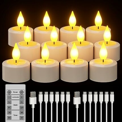 Yme Rechargeable Tea Lights Candles, 12pcs Battery LED Tealight Flameless Candles Pack with Remote Control Candle Gift Set for Home Room Bedroom