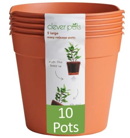 Clever Pots Easy Release Plastic Plant Pots, Pack of 10, Large Plant Pots, Outdoor or Indoor Flower Pot Garden Planters, Lightweight & Weather Re