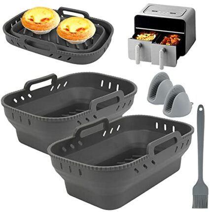 Meetory Silicone Air Fryer Liner Pot for Ninja Dual Zone Air Fryer, 2 Pack Reusable Air Fryer Silicone Basket with Silicone Mitts and Brush, Ninj